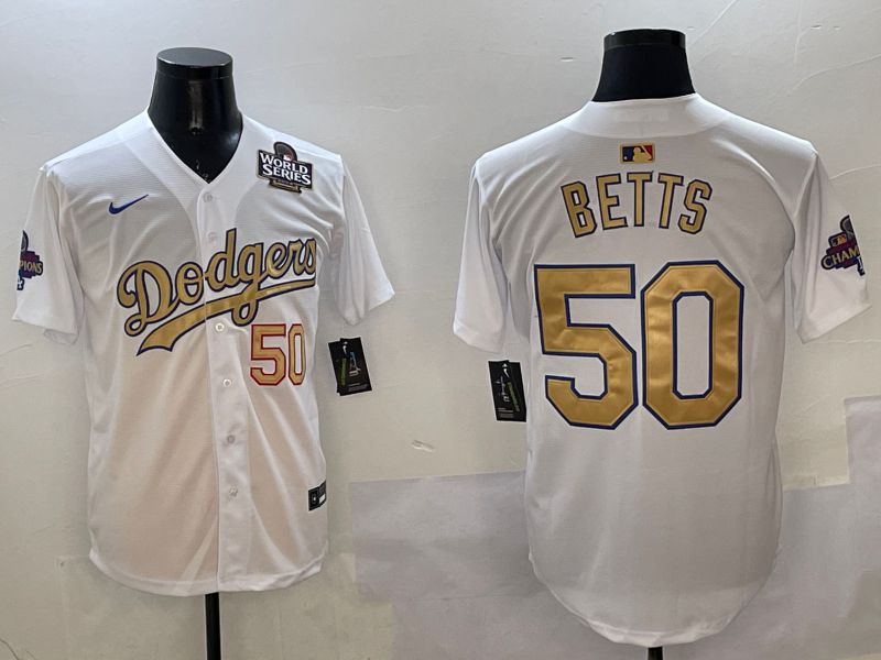 Men Los Angeles Dodgers 50 Betts White Champion gold character 2025 Nike MLB Jersey style 3